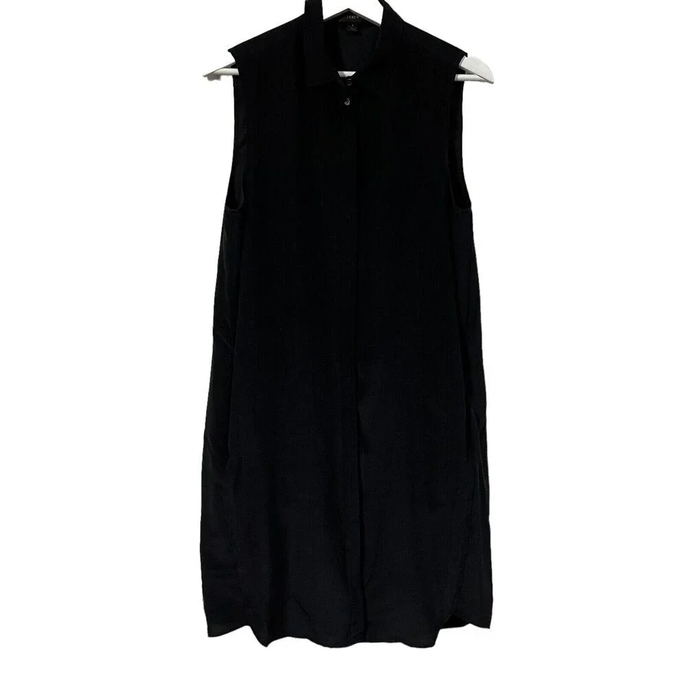 J. Crew Size S Silk Shirt Dress‎ Sleeveless in Black Button Front Pockets B2371